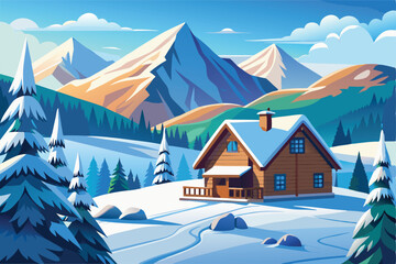 Cozy Winter Cabin Escape Mountain Scenery Illustration