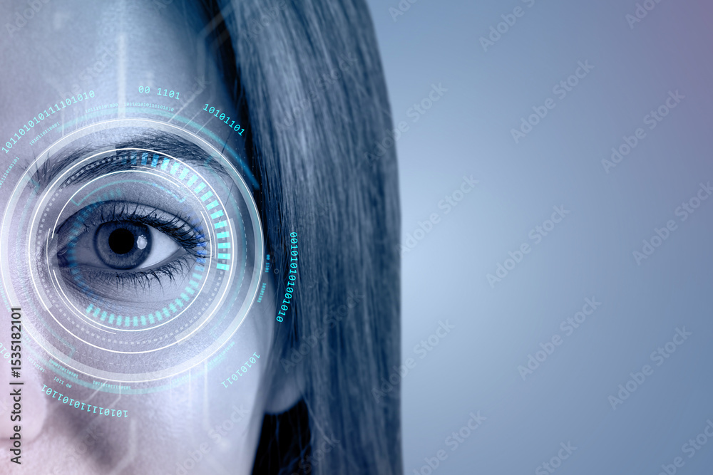 Poster futuristic biometric eye scan interface on closeup of woman's face with digital hud elements against