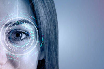 Futuristic biometric eye scan interface on closeup of woman's face with digital HUD elements against blue tech background.