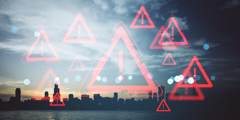 Red warning exclamation icons over a city skyline with digital overlay symbolizing data alerts,...