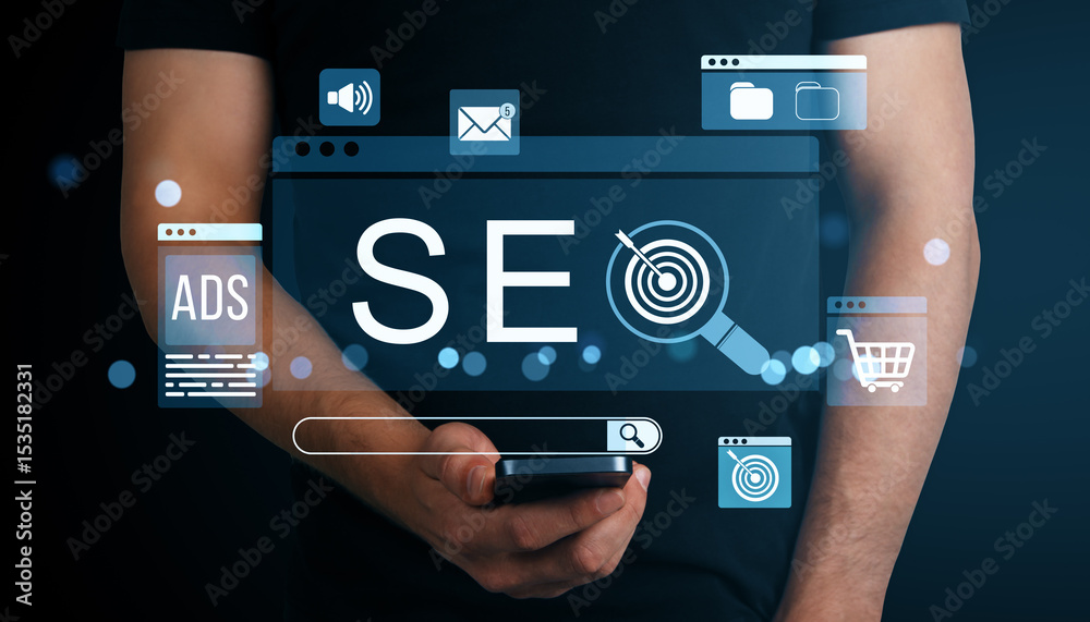 Poster seo technology concept with digital marketing icons and person holding smartphone on dark abstract b