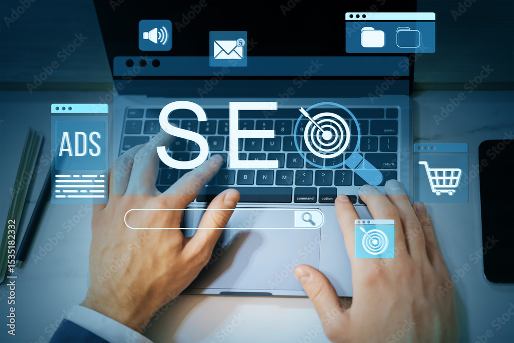 Poster seo digital marketing strategy with hands typing on laptop and online icons representing ecommerce, 