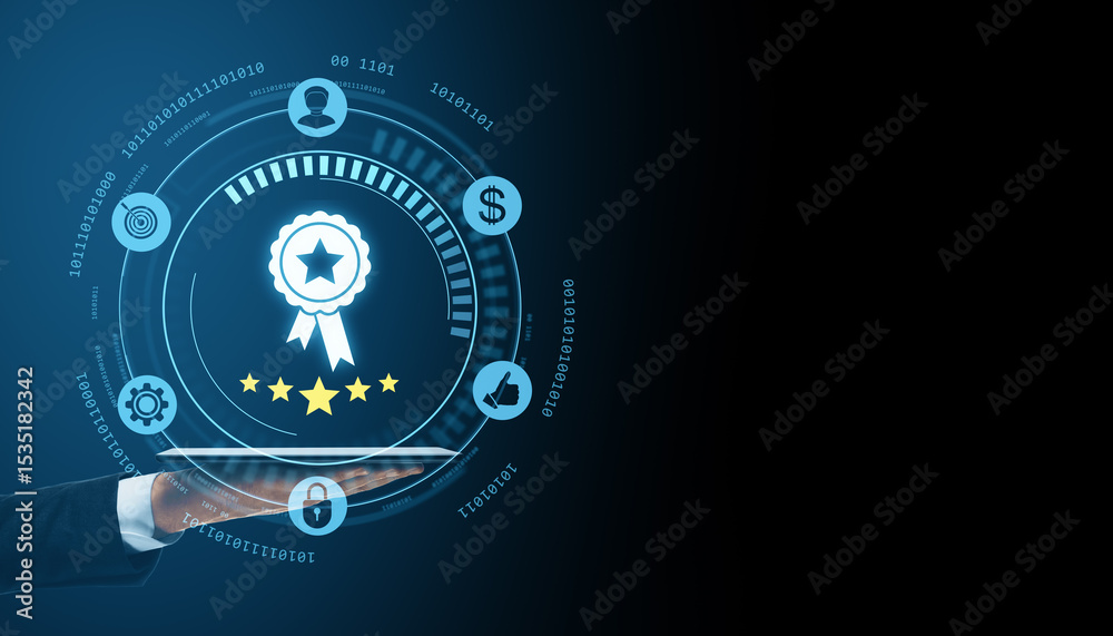 Poster quality certification badge with five-star rating and digital tech icons over tablet in futuristic b