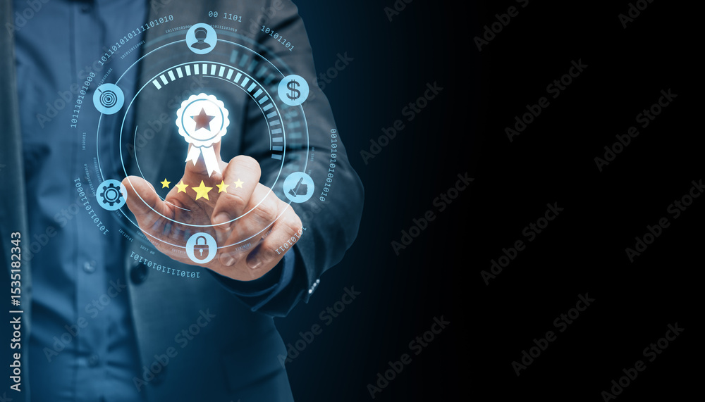 Poster businessman pressing digital quality certification icon on virtual interface with modern technology 