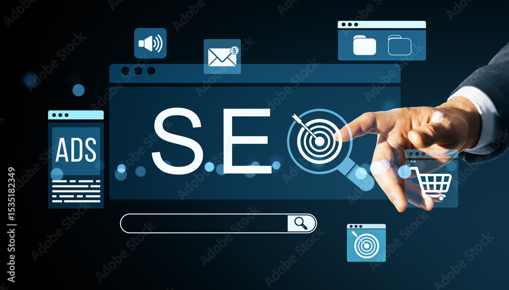 Poster seo strategy concept with hand touching interface icons for digital marketing, search engine optimiz