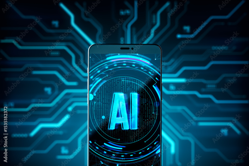 Poster Futuristic smartphone screen displaying glowing AI interface with digital circuit board background representing artificial intelligence technology. 3D Rendering