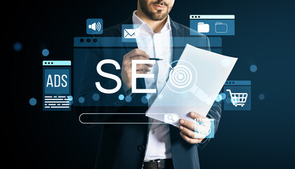 Businessman analyzing SEO strategy with digital marketing icons and ecommerce interface on dark...