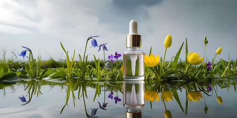 Clear Serum Bottle with Dropper Reflecting in Water Surrounded by Colorful Spring Flowers and Cloudy Sky

