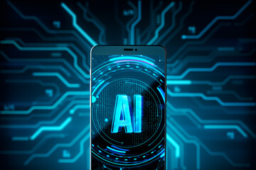 Futuristic smartphone screen displaying glowing AI interface with digital circuit board background...
