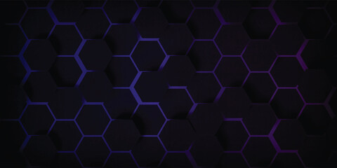 Dark gray and purple horizontal hexagonal technology abstract wide vector background. Purple bright energy flashes under hexagon. Technology futuristic modern wide banner. Dark gray honeycomb texture.