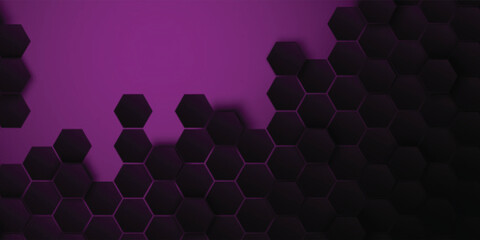 Dark gray and purple horizontal hexagonal technology abstract wide vector background. Purple bright energy flashes under hexagon. Technology futuristic modern wide banner. Dark gray honeycomb texture.