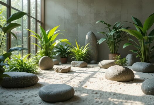  A zen inspired indoor garden with carefully placed plants, smooth stones, and raked sand, creating a peaceful and contemplative