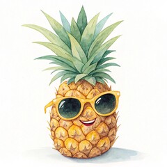 Pineapple with Sunglasses Smiling on White Background Watercolor Style
