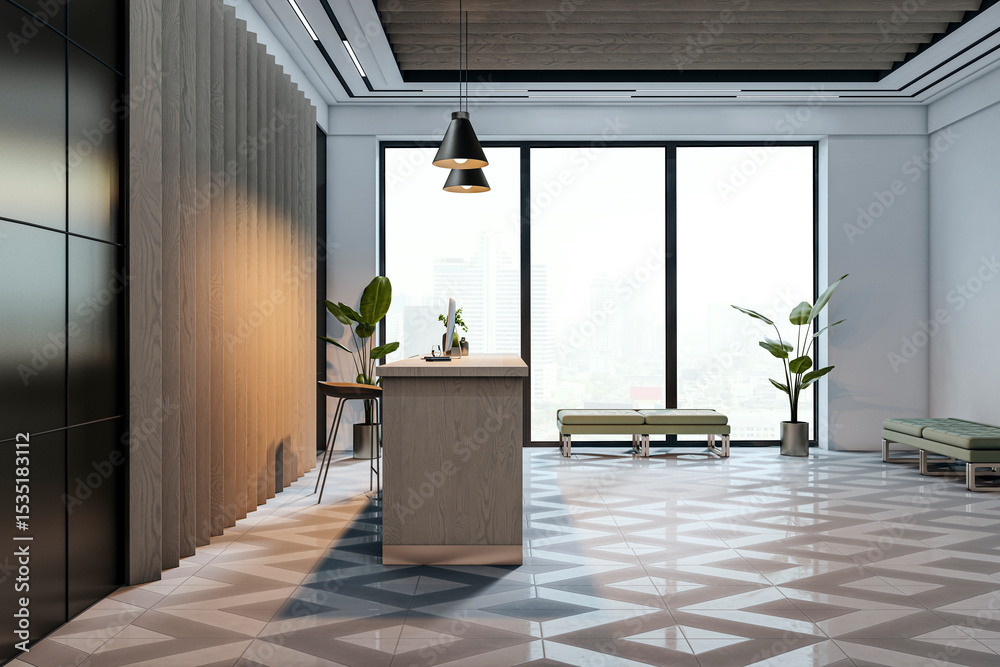 Poster Modern reception desk in stylish office lobby with geometric floor tiles, large windows, and natural light creating a sleek business environment. 3D Rendering