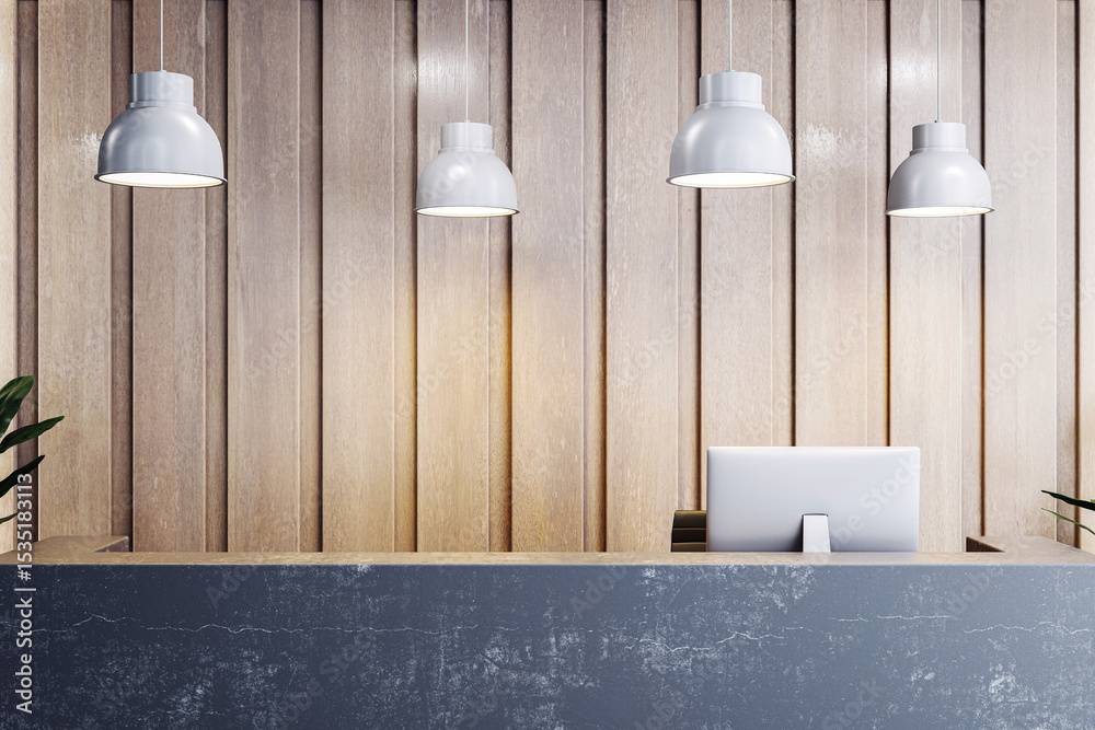 Poster modern minimalist office reception desk with computer and pendant lights against wooden wall backgro