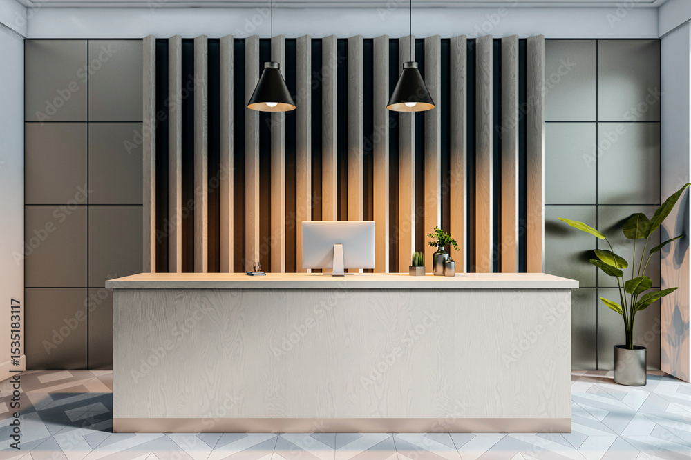 Poster modern reception desk in stylish office lobby with wood panel wall, pendant lights, and minimalist c
