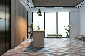 Modern reception desk in stylish office lobby with geometric floor tiles, large windows, and natural light creating a sleek business environment. 3D Rendering