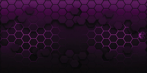 Dark gray and purple horizontal hexagonal technology abstract wide vector background. Purple bright energy flashes under hexagon. Technology futuristic modern wide banner. Dark gray honeycomb texture.