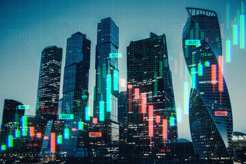 Modern skyscrapers with digital forex and stock market chart overlays symbolizing financial growth,...