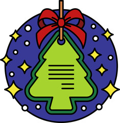 A Christmas card with a red ribbon hanging from it