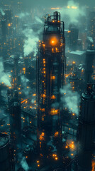 Fototapeta premium Illuminated Industrial Tower in a Foggy Urban Landscape