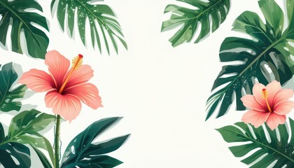 Modern Summer Geometric Monstera Hibiscus on White Minimalist Vector Design