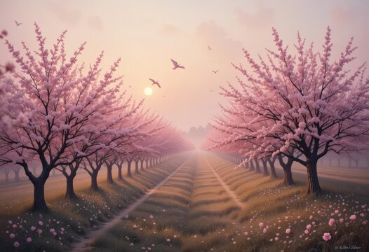  Blush Blossom Meadow A Serene Orchard Bathed in the Soft Light of Dawn, Rendered with a Painterly and Romantic Sensibility.