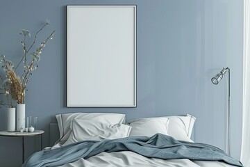 Ultra Hd Picture of Frame Mockup in Bedroom with Blue Blanket 3D Rendering