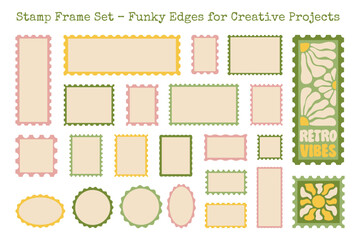 Stamp Frame Templates, Vector Postmarks. Set of colorful empty postage stamps in funky retro style