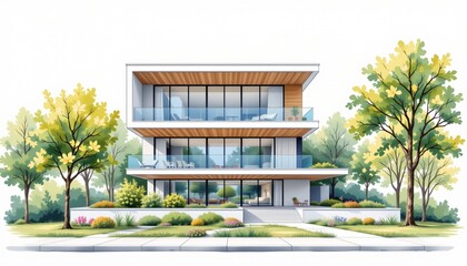 watercolor painting, modern minimalist two story house with glass panels, cantilevered floors, urban park setting, white background
