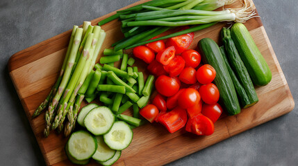 Fresh vegetable flat lay on wooden cutting board