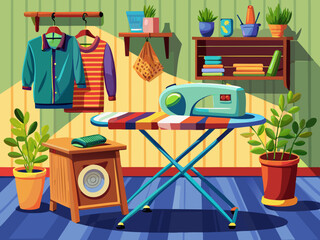 vector of Ironing table and iron next to it for ironing clothes and fashion.