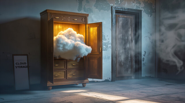A fluffy cloud emerges from an old wooden wardrobe labeled "Cloud Storage" — a surreal and humorous take on digital storage in the real world.