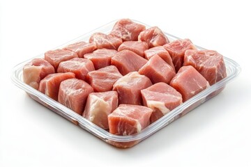 Raw pork meat cubes arranged in a clear plastic tray, ready for cooking or freezing