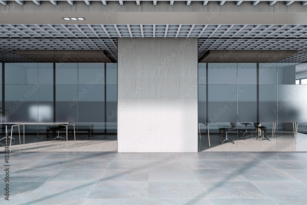 Poster Modern corporate hallway interior with glass partitions, ceiling grid and tiled floor in empty office building space with natural lighting. 3D Rendering
