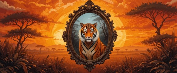 Rococo Mirror Showing a Tiger Ghostly Reflection in a Fiery Savannah Sunset, Impressionistic Brushstrokes.