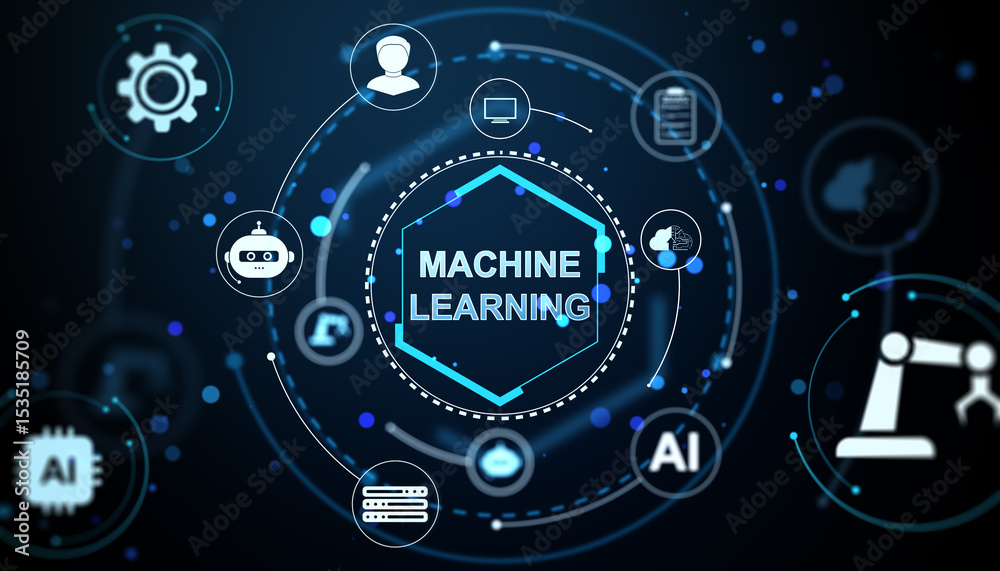 Aufkleber Machine learning concept with futuristic digital icons on dark virtual background representing artificial intelligence and neural network tech. 3D Rendering