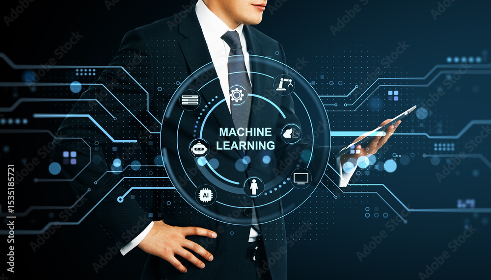 Poster Businessman holding tablet with machine learning interface and futuristic digital elements on dark background representing AI technology concept.