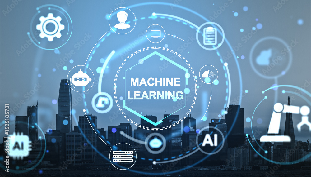 Poster Machine learning digital interface with artificial intelligence icons over city skyline and glowing blue tech-themed background interface system concept.
