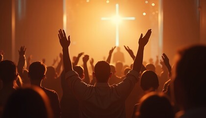 People Worship with Cross in Background
