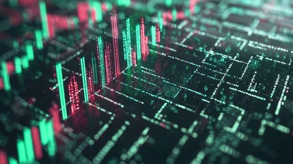 Colorful digital stock market charts display fluctuations in trading activity at night with glowing graph lines