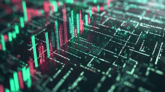 Colorful digital stock market charts display fluctuations in trading activity at night with glowing graph lines - Powered by Adobe