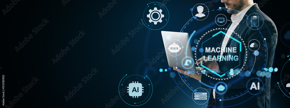 Aufkleber Businessman using laptop with futuristic machine learning interface on dark background showing AI, data, and neural network icons in holograms.