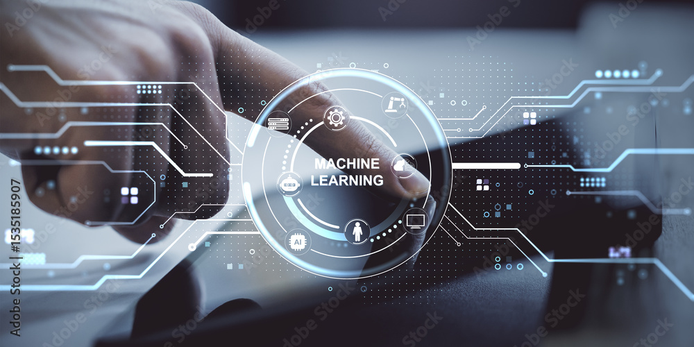 Poster Hand interacting with machine learning interface on digital display with futuristic circuit symbols and technology icons on dark background.