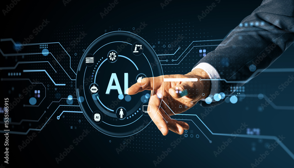 Poster Businessman hand touching AI interface with futuristic digital icons on dark background representing artificial intelligence and data technology.