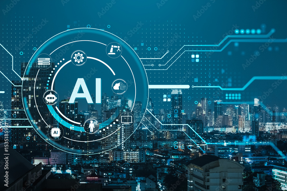 Poster artificial intelligence technology concept with futuristic digital hud interface over cityscape at n