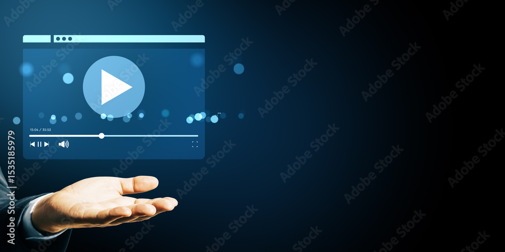 Poster Business hand showing floating video player interface icon on dark blue background with bokeh light, symbolizing streaming service concept.