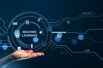 Machine learning digital interface with AI icons displayed above a human hand on blue futuristic background representing online technology concept.