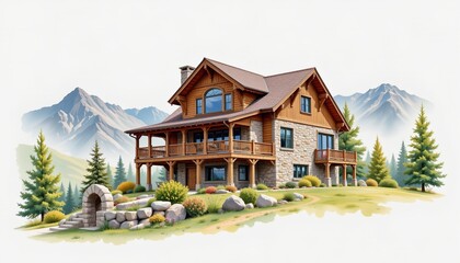 watercolor painting, rustic two story house with stone and wood mix, wraparound deck, mountain valley setting, white background