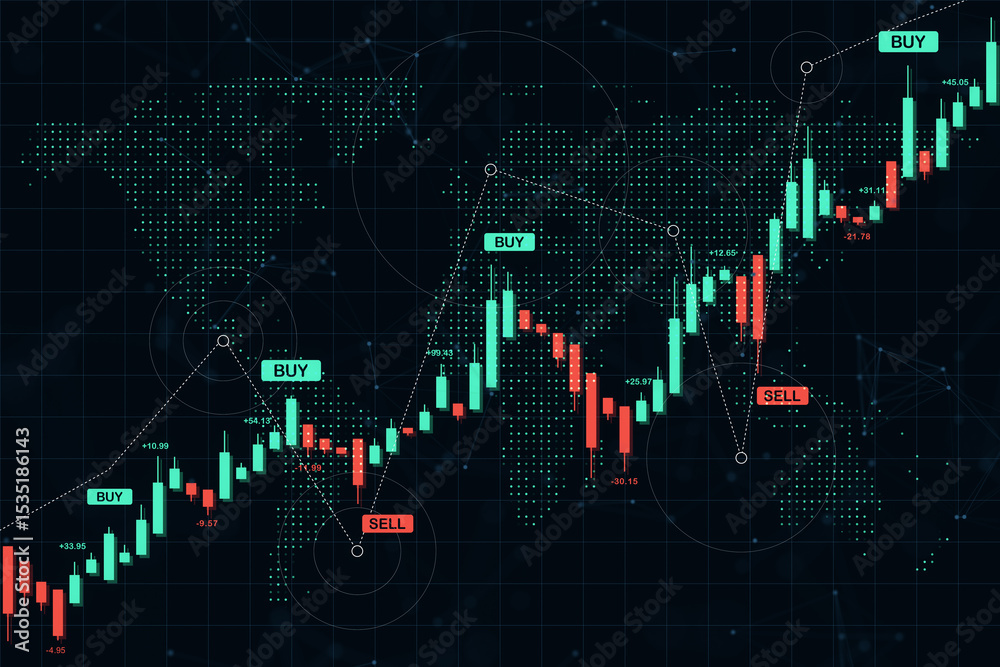 Poster Digital candlestick chart with buy and sell signals over global map background for financial market analysis and investment display template. 3D Rendering
